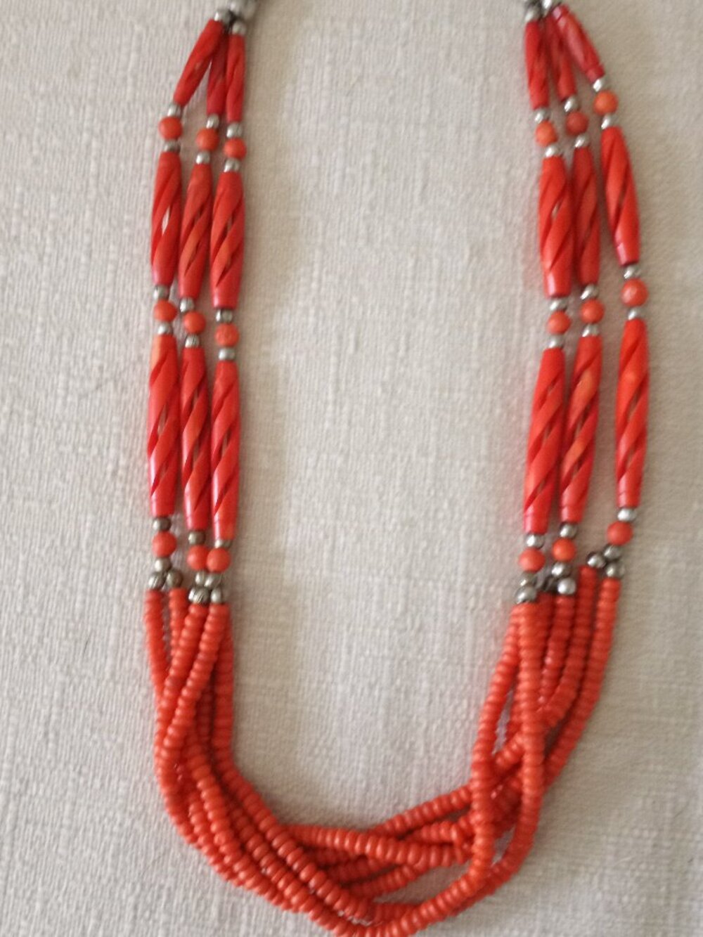 Orange & subtle silver beaded necklace EUC